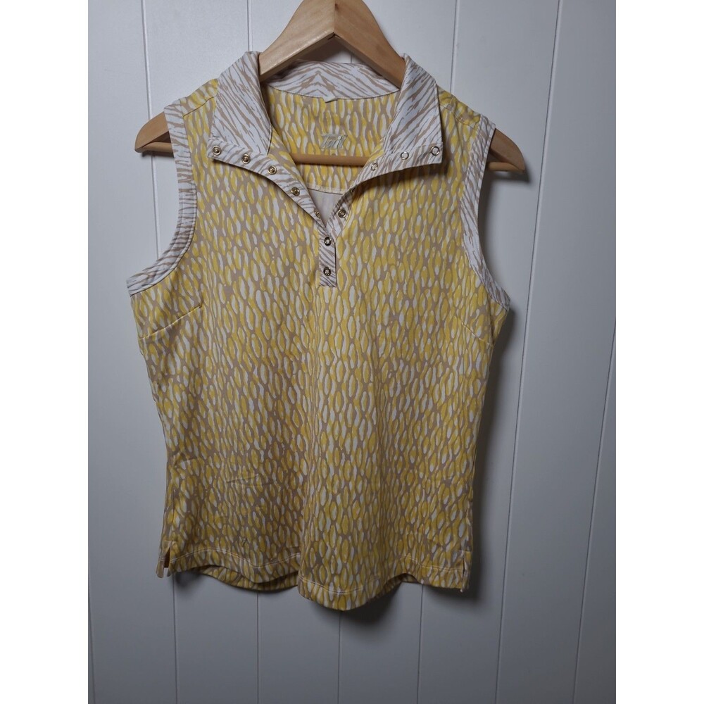 Tail Activewear Women Golf Top Sleeveless Button Geometric Yellow White Medium